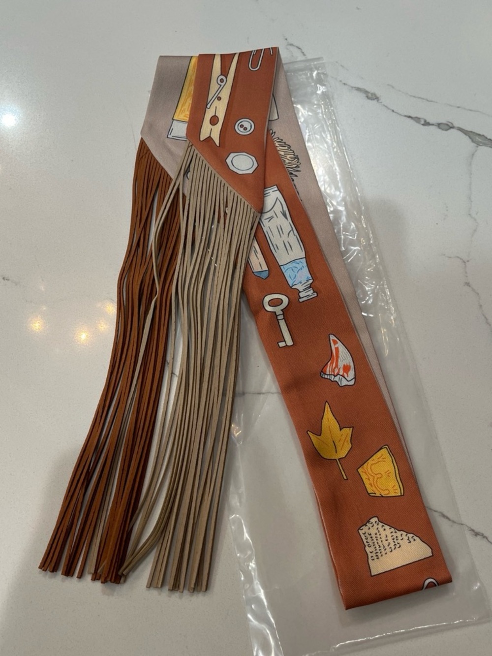 Cream and brown silk Fringed Scarf / Twilly